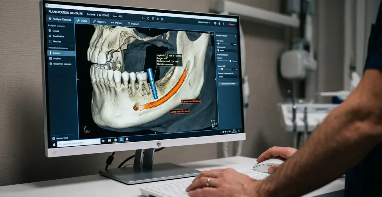 Écran d'ordinateur médical montrant logiciel de planification implantaire avec vue 3D de mâchoire, implant virtuel positionné, mesures en millimètres et canal mandibulaire identifié, main de praticien manipulant souris à droite