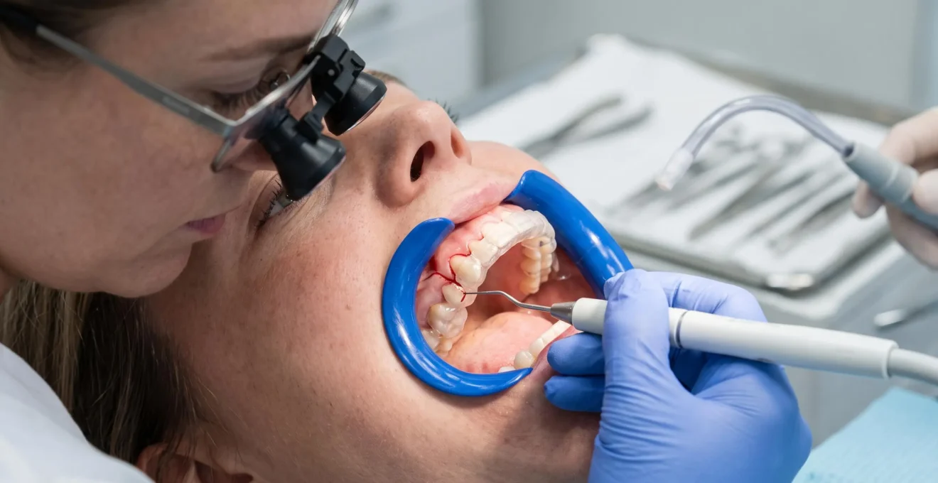 Intervention dentaire Flapless en cours, praticienne effectuant incision transgingival minimale de 4-5 mm avec bistouri piézoélectrique, guide chirurgical transparent positionné sur arcade, gencive saine sans lambeau soulevé, éclairage scialytique médical