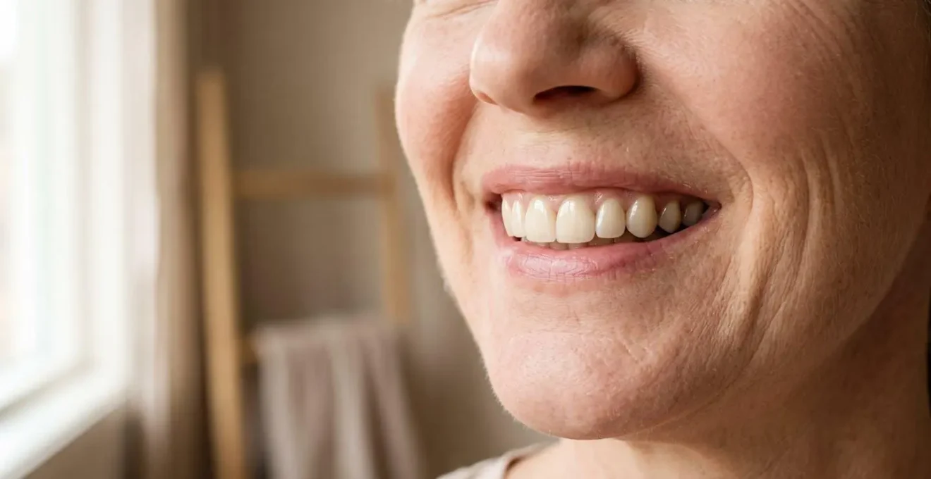 Sourire de femme de 52 ans montrant résultat esthétique d'implants zircone sur incisives supérieures, translucidité et teinte identiques aux dents naturelles adjacentes, gencive saine sans ligne grisâtre, lumière naturelle douce